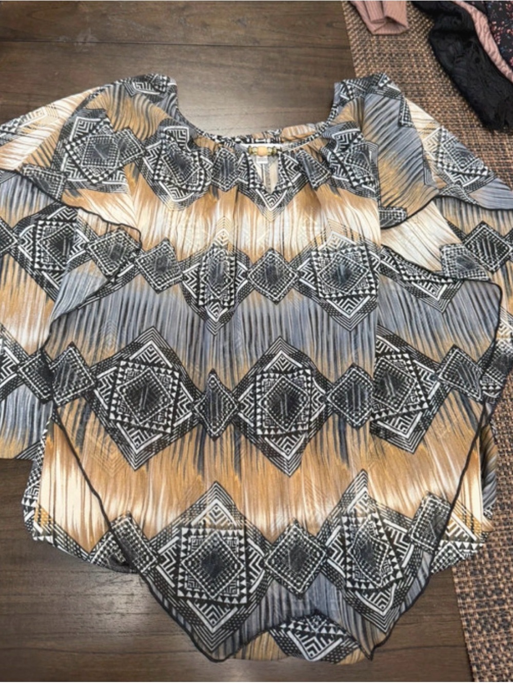 Notations Black and Tan Geometric Peasant Blouse